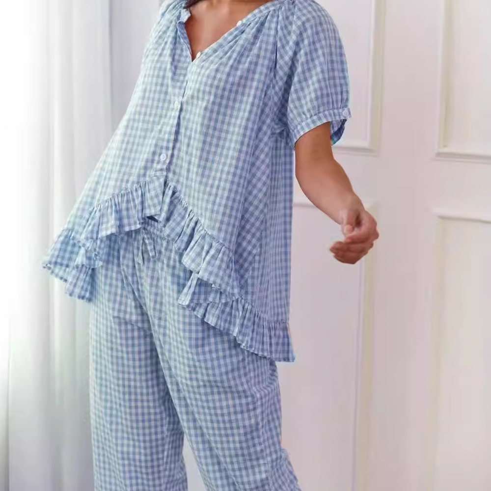 Ensemble De Détente 2 Pièces À Carreaux avec Volants pour Femme | Idéal pour La Maison Et Le Sommeil