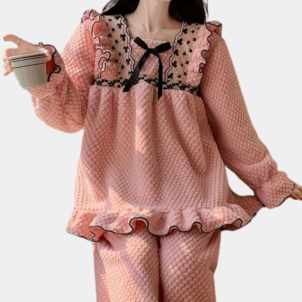 Ensemble De Pyjama 2 Pièces Rose À Volants pour Femme | Idéal pour Les Soirées À La Maison