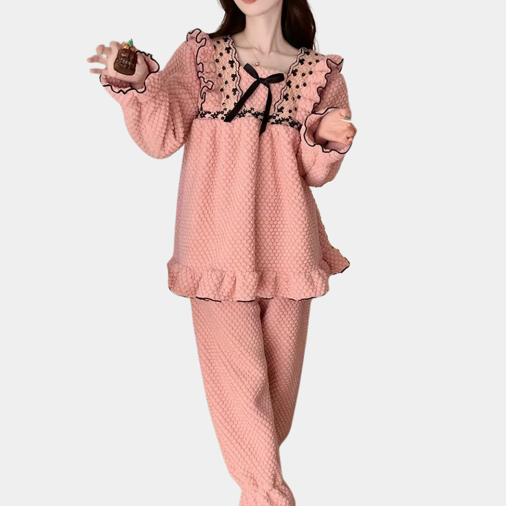 Ensemble De Pyjama 2 Pièces Rose À Volants pour Femme | Idéal pour Les Soirées À La Maison