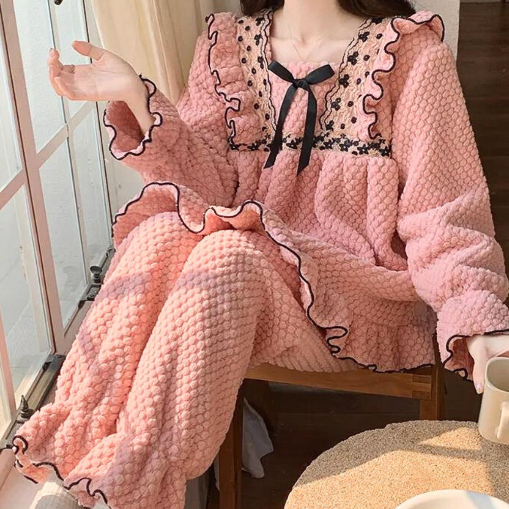 Ensemble De Pyjama 2 Pièces Rose À Volants pour Femme | Idéal pour Les Soirées À La Maison