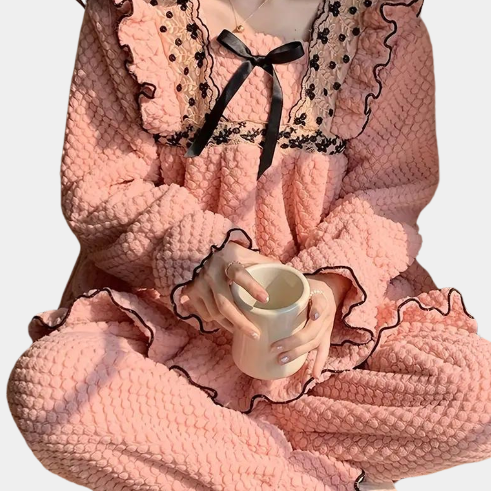 Ensemble De Pyjama 2 Pièces Rose À Volants pour Femme | Idéal pour Les Soirées À La Maison