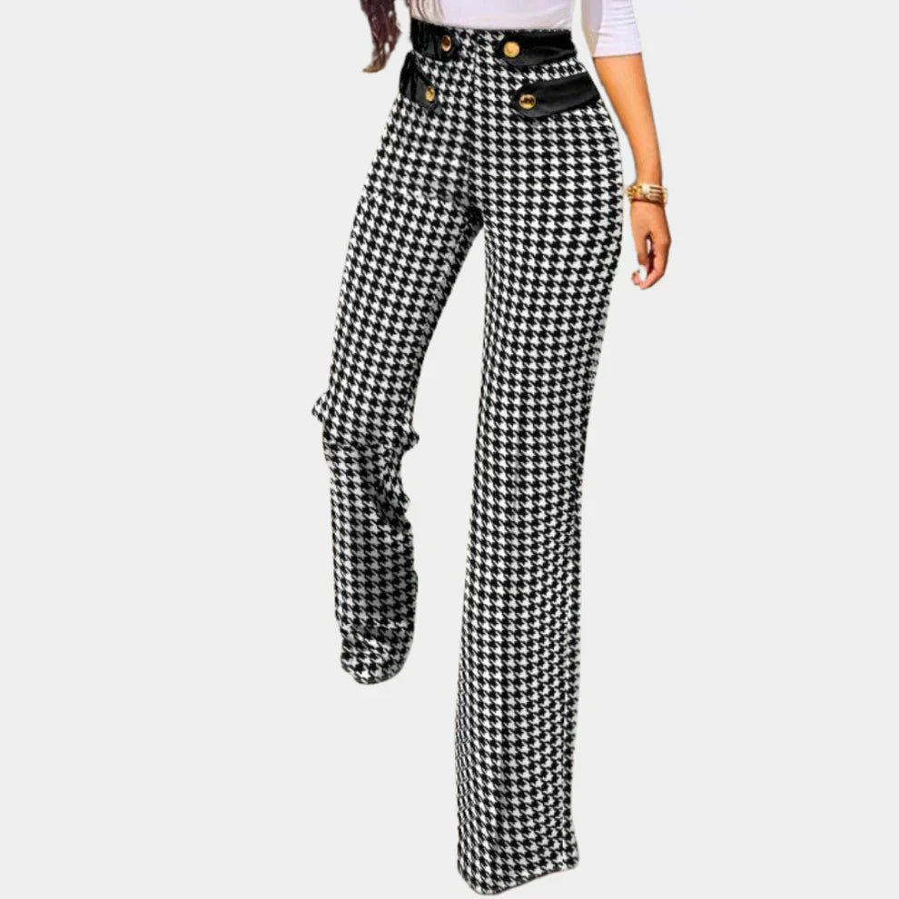 Pantalon Évasé À Carreaux Avec Boutons Taille Haute Pour Femme | Idéal Pour Bureau Et Sorties Décontractées