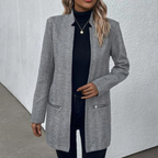 Blazer Long Gris À Motif Chevron Avec Poches Zippées Pour Femmes | Idéal Pour Le Travail Et Les Tenues Quotidiennes