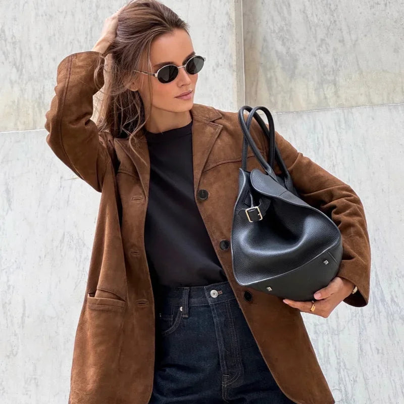 Blazer Femme En Suède Avec Col Pour Tenues Quotidiennes | Idéal Pour Bureau Et Sorties