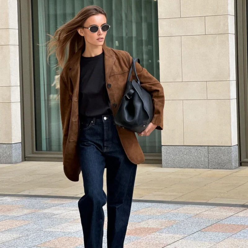 Blazer Femme En Suède Avec Col Pour Tenues Quotidiennes | Idéal Pour Bureau Et Sorties