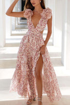 Robe Maxi Avec Décolleté En V Profond Et Manches Froncées Pour Femme | Idéale Pour Les Occasions Estivales