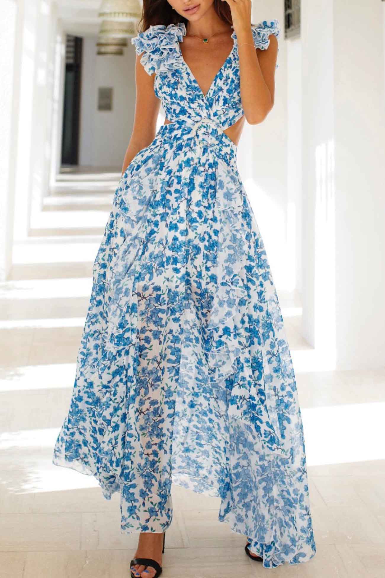 Robe Maxi Avec Décolleté En V Profond Et Manches Froncées Pour Femme | Idéale Pour Les Occasions Estivales