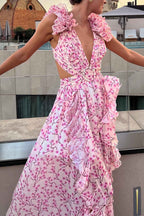 Robe Maxi Avec Décolleté En V Profond Et Manches Froncées Pour Femme | Idéale Pour Les Occasions Estivales