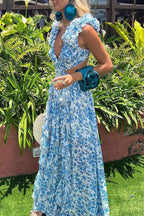 Robe Maxi Avec Décolleté En V Profond Et Manches Froncées Pour Femme | Idéale Pour Les Occasions Estivales