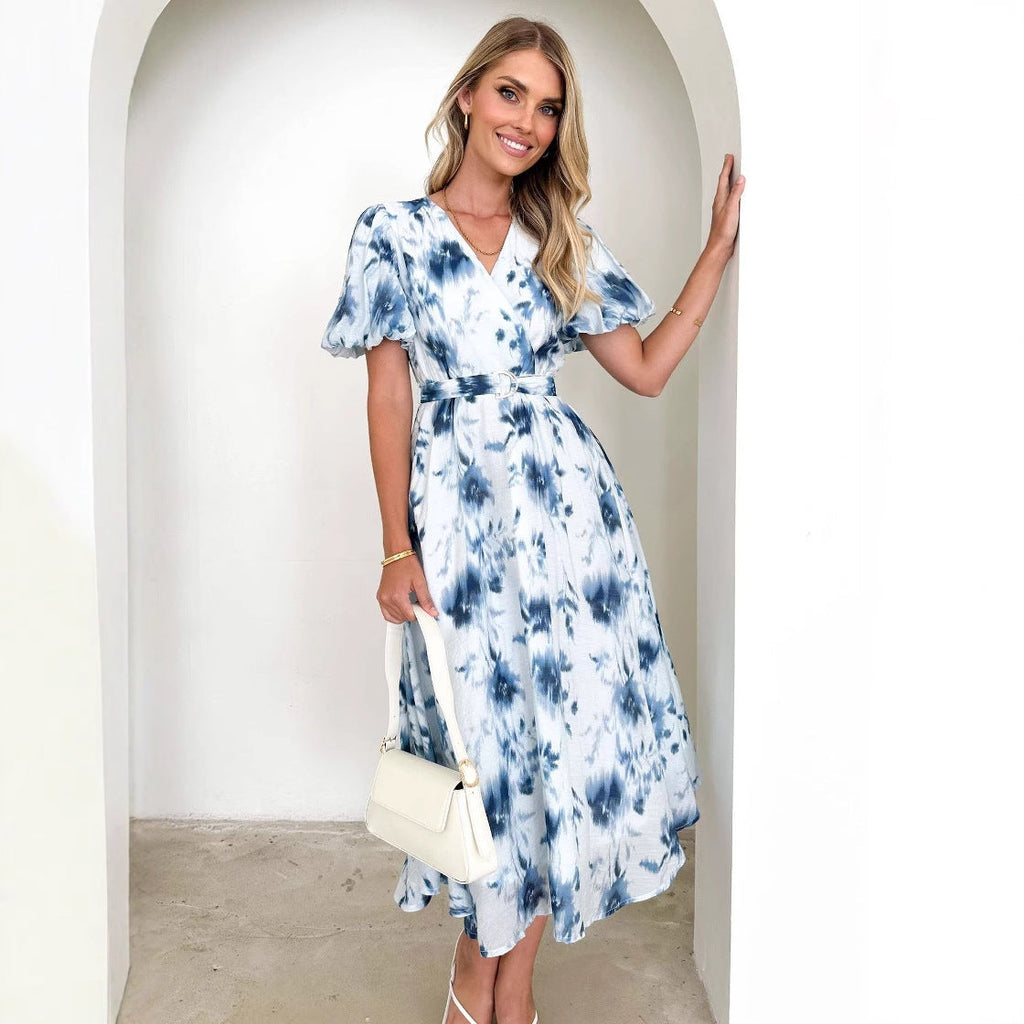 Robe Midi avec Col en V et Manches Bouffantes pour Femmes | Idéale pour le Printemps et l'Été