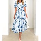 Robe Midi avec Col en V et Manches Bouffantes pour Femmes | Idéale pour le Printemps et l'Été