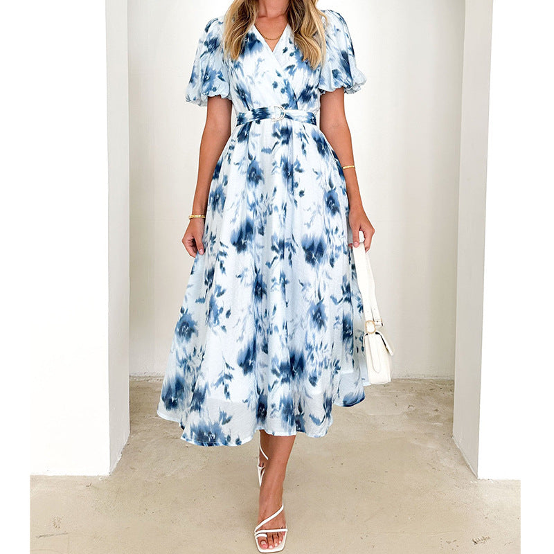 Robe Midi avec Col en V et Manches Bouffantes pour Femmes | Idéale pour le Printemps et l'Été