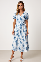 Robe Midi avec Col en V et Manches Bouffantes pour Femmes | Idéale pour le Printemps et l'Été