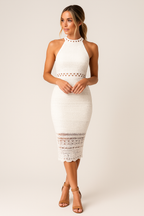Robe Midi Avec Halter Neck Et Détails Ajourés Pour Femme | Idéale Pour Le Printemps Et L’été