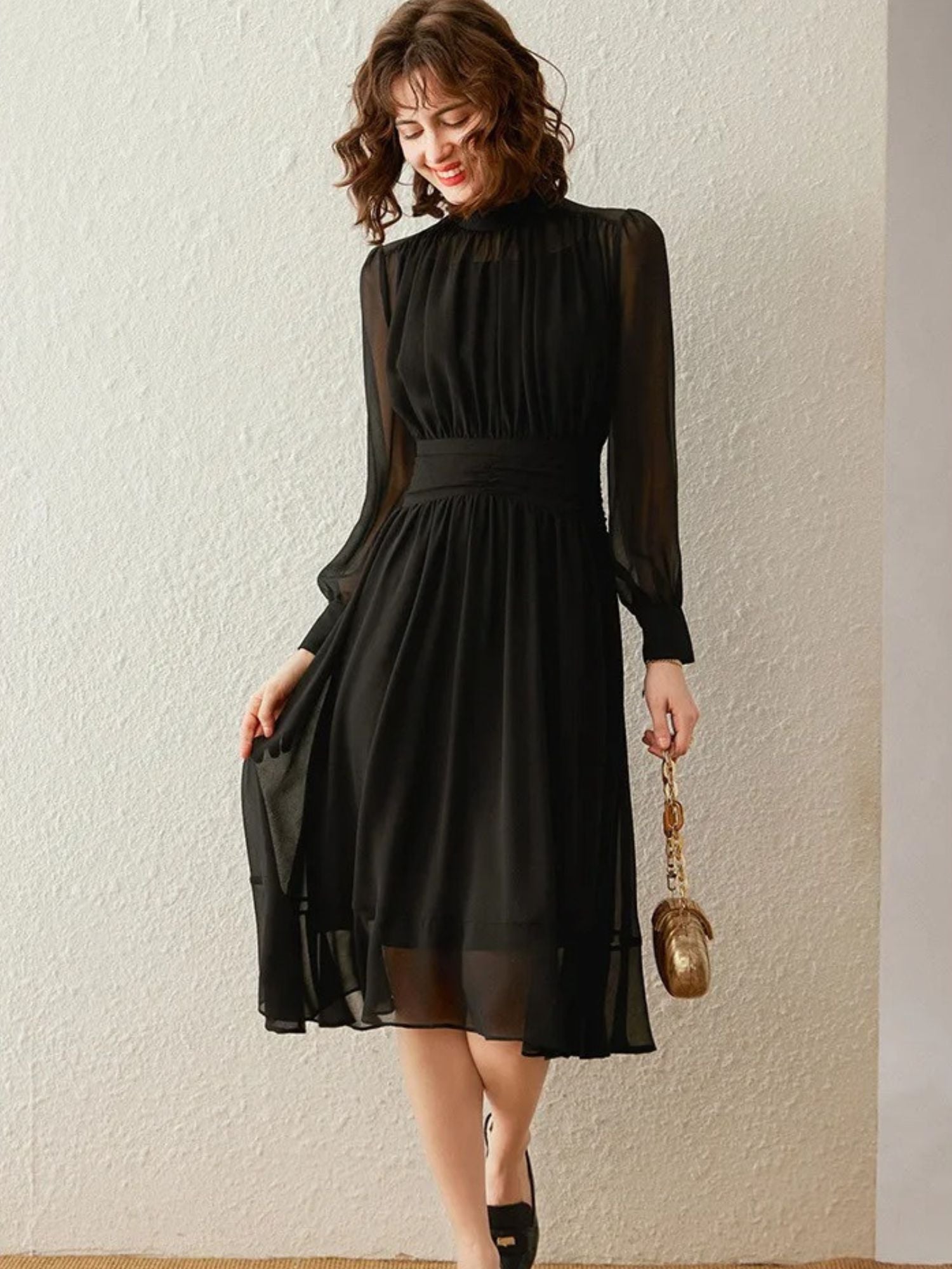 Robe Midi À Manches Transparentes Et Col Montant Pour Femme | Idéal Pour Usage Quotidien Et Occasions