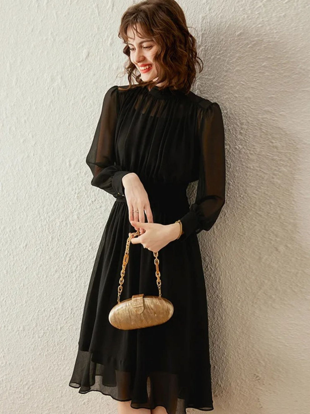 Robe Midi À Manches Transparentes Et Col Montant Pour Femme | Idéal Pour Usage Quotidien Et Occasions