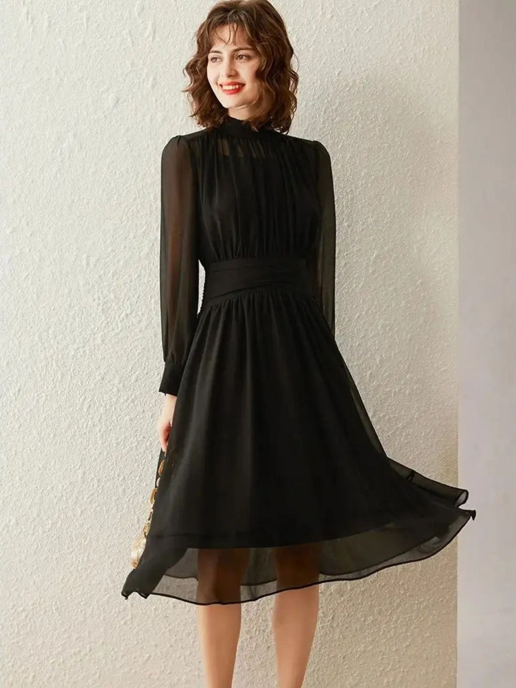 Robe Midi À Manches Transparentes Et Col Montant Pour Femme | Idéal Pour Usage Quotidien Et Occasions