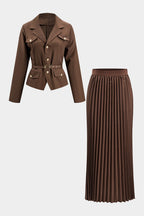 Ensemble Blazer Ceinturé Et Jupe Plissée Pour Femme | Idéal Pour Un Usage Professionnel Et Quotidien