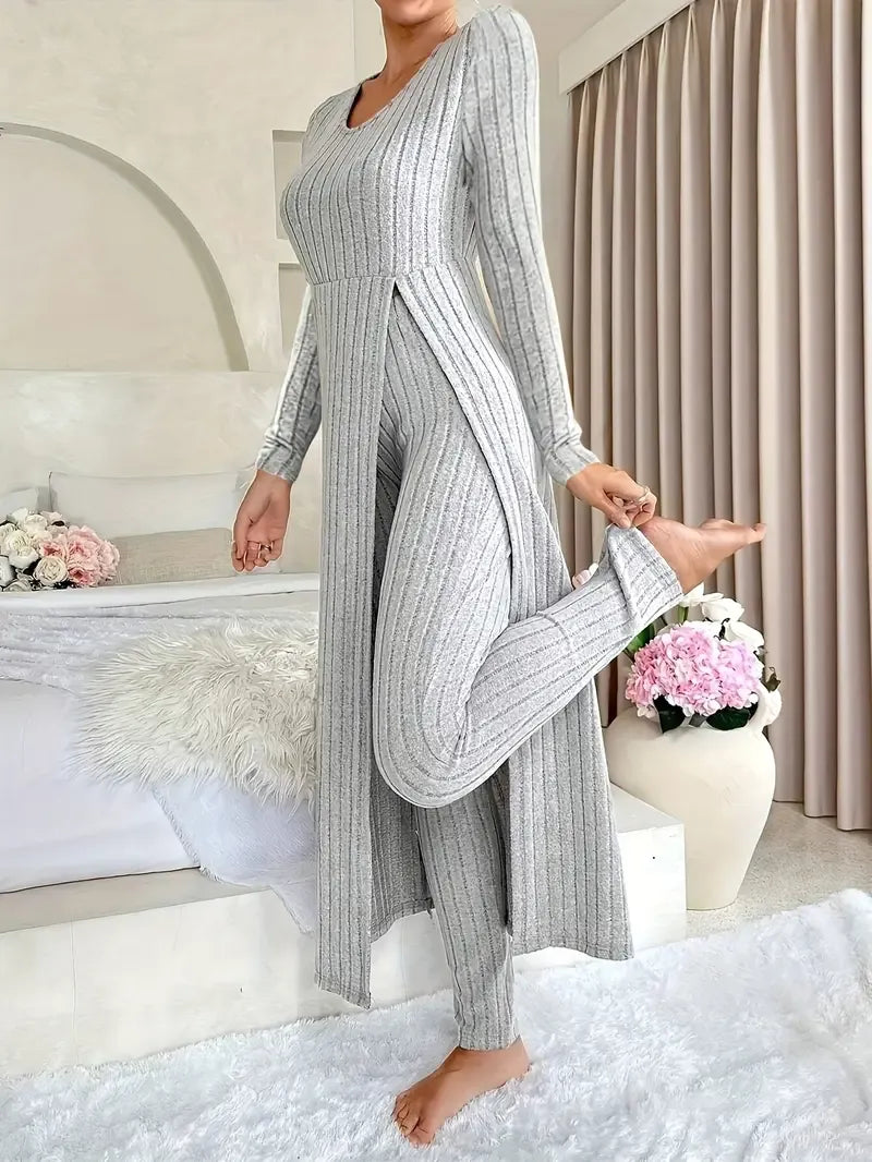 Ensemble Deux Pièces Avec Haut Long Et Pantalon Ajusté Pour Femmes | Idéal Pour Les Tenues Décontractées Et À Domicile