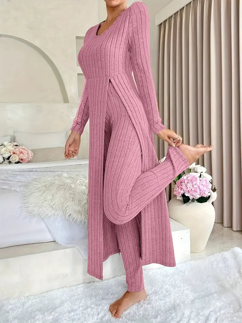 Ensemble Deux Pièces Avec Haut Long Et Pantalon Ajusté Pour Femmes | Idéal Pour Les Tenues Décontractées Et À Domicile
