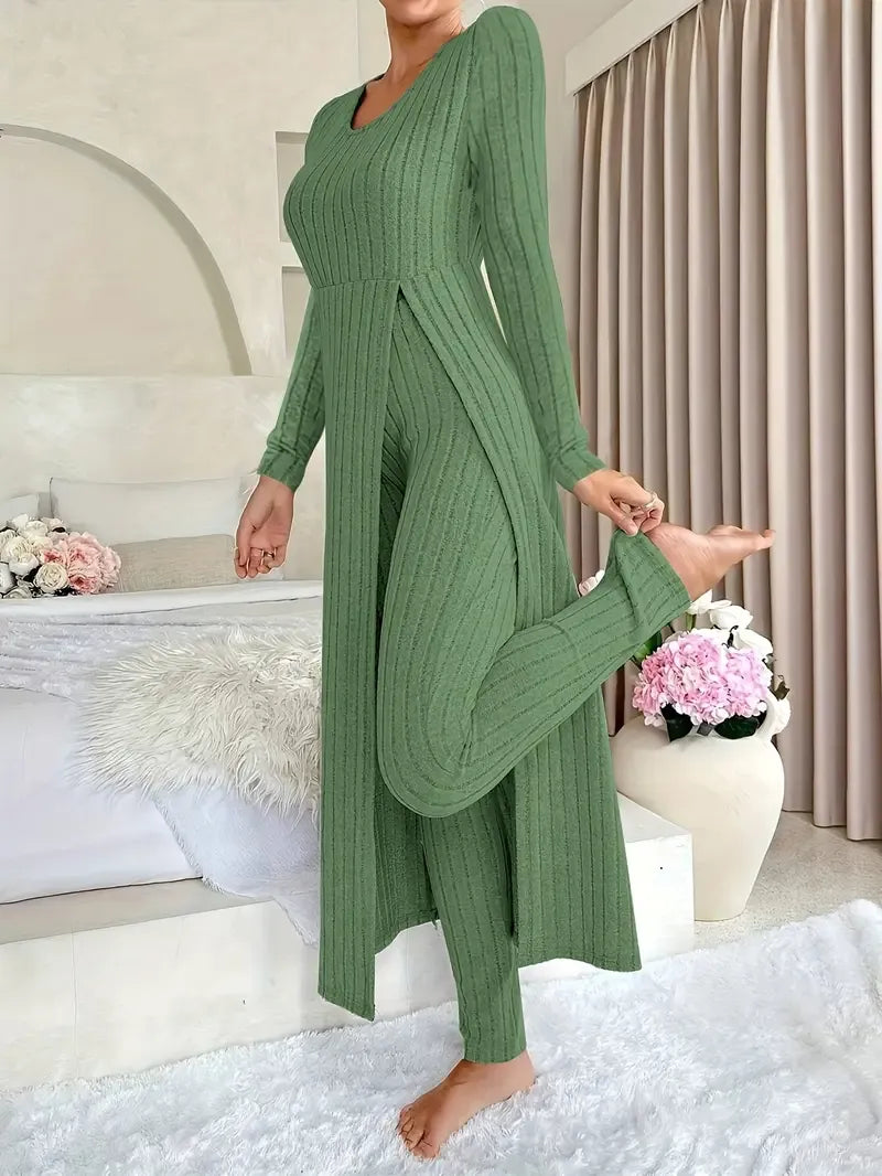 Ensemble Deux Pièces Avec Haut Long Et Pantalon Ajusté Pour Femmes | Idéal Pour Les Tenues Décontractées Et À Domicile