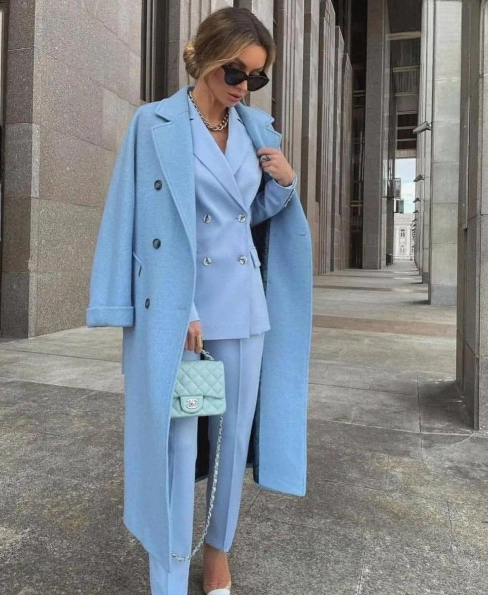 Ensemble Trois Pièces Avec Blazer Croisé Et Manteau Long Pour Femmes | Idéal Pour Tenues Professionnelles Et Occasions Formelles