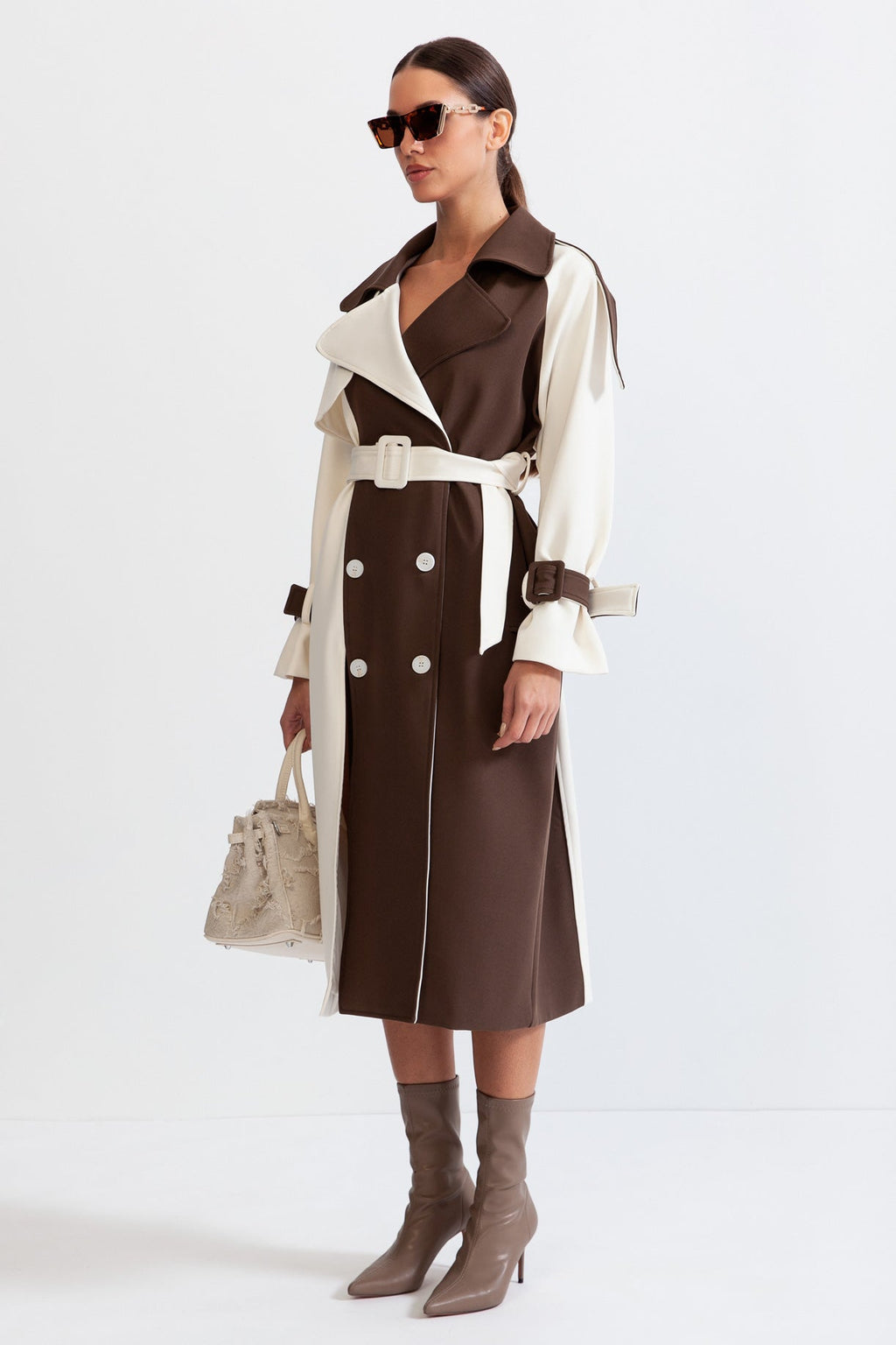 Trench Long Bicolore avec Ceinture pour Femme | Idéal pour La Mi-Saison