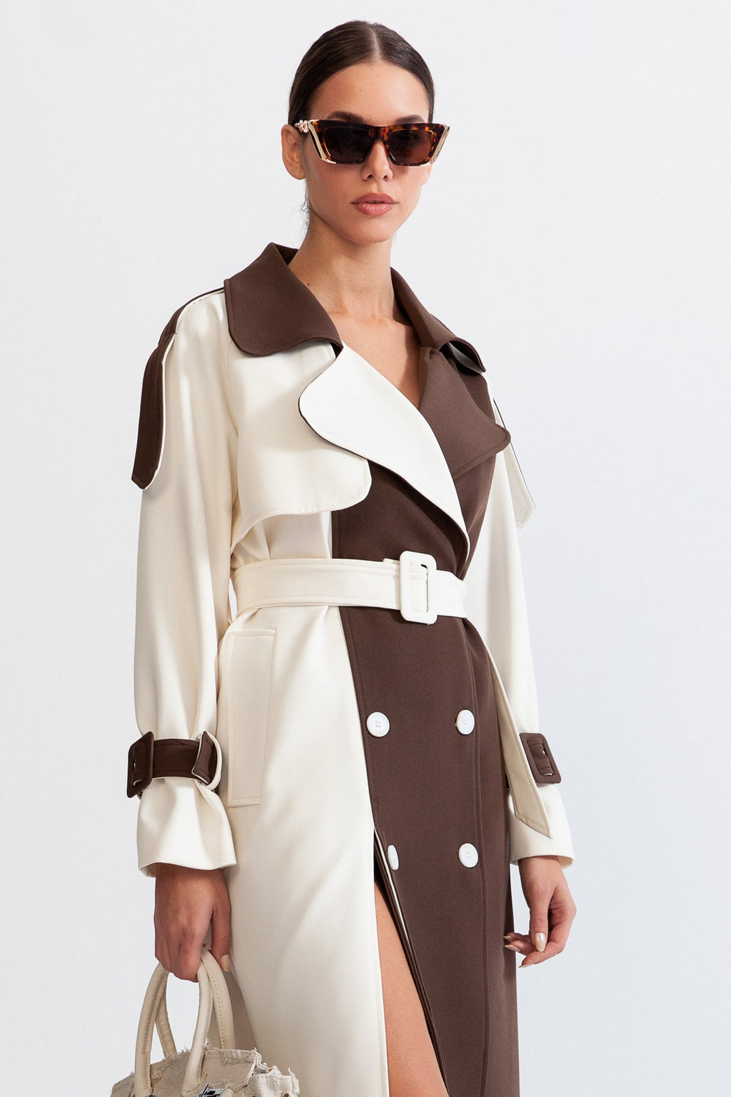 Trench Long Bicolore avec Ceinture pour Femme | Idéal pour La Mi-Saison