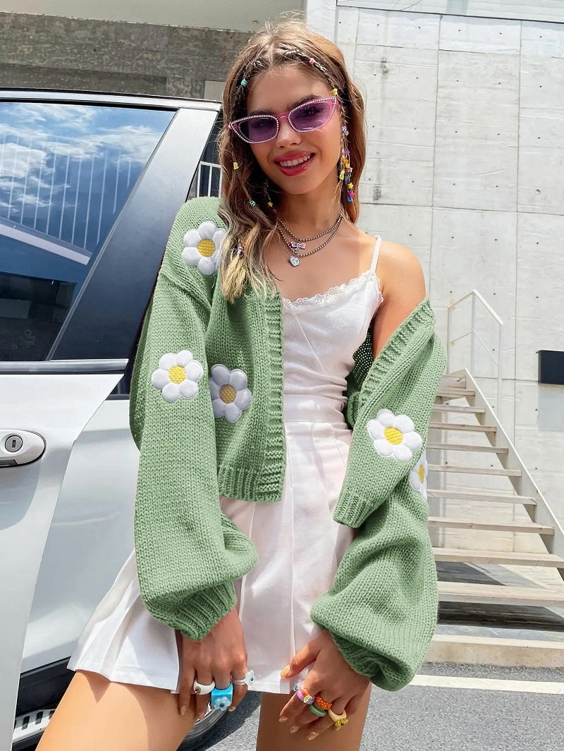 Cardigan à Motif Floral avec Manches Lanterne pour Femmes | Ideal for Mi-Saison et Usage Quotidien