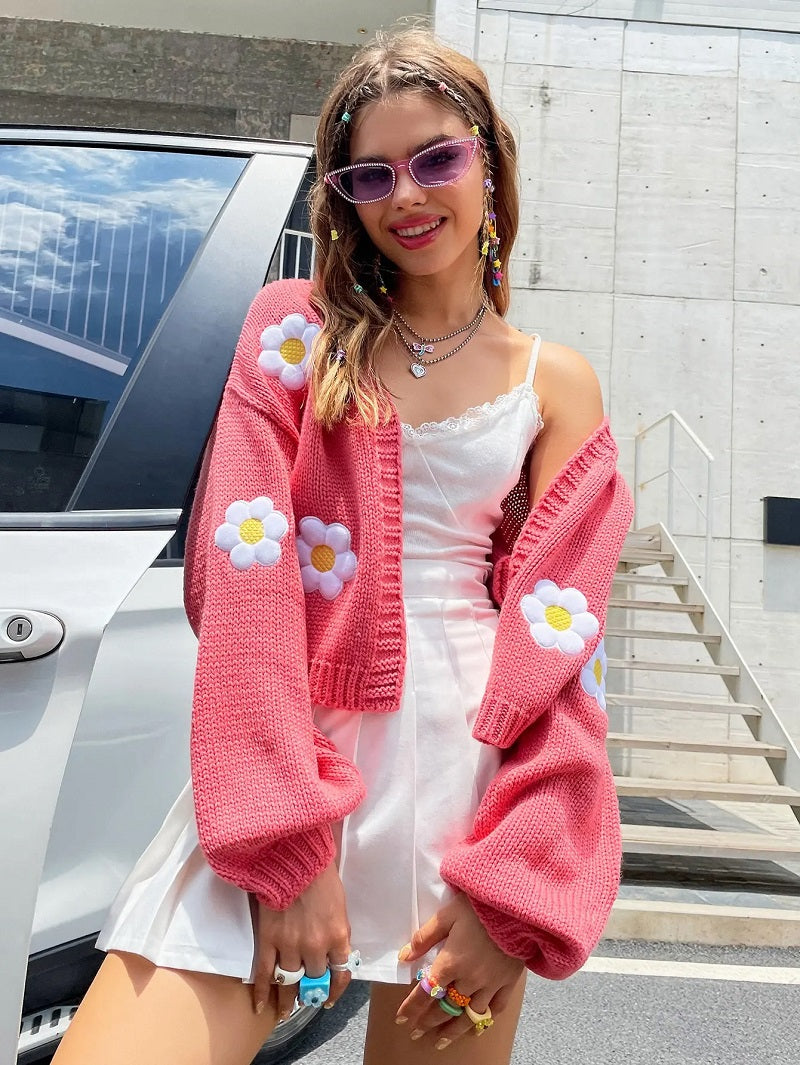 Cardigan à Motif Floral avec Manches Lanterne pour Femmes | Ideal for Mi-Saison et Usage Quotidien