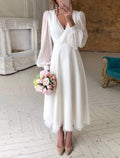 Robe de Mariée Longue à Manches Longues avec Encolure en V pour Femme | Idéale pour Cérémonies et Mariages