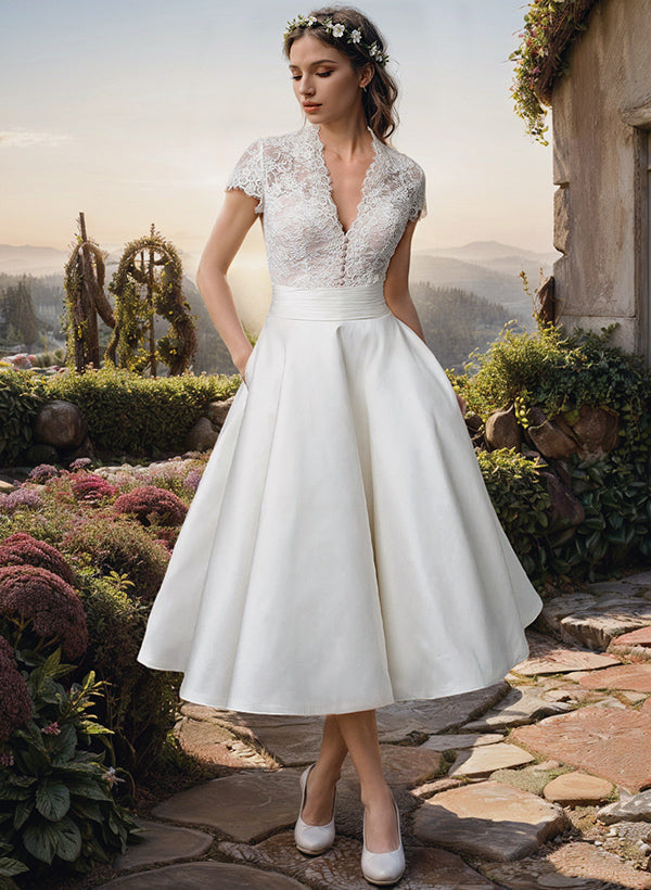 Robe De Mariée Midi Avec Col En V Pour Femme | Idéale Pour Mariage Civil Et Événements Officiels