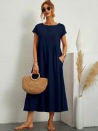 Robe Midi À Coupe Trapèze Avec Manches Courtes Et Poches Pour Femme | Idéal Pour Toutes Les Occasions