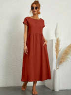 Robe Midi À Coupe Trapèze Avec Manches Courtes Et Poches Pour Femme | Idéal Pour Toutes Les Occasions