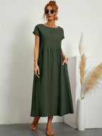 Robe Midi À Coupe Trapèze Avec Manches Courtes Et Poches Pour Femme | Idéal Pour Toutes Les Occasions