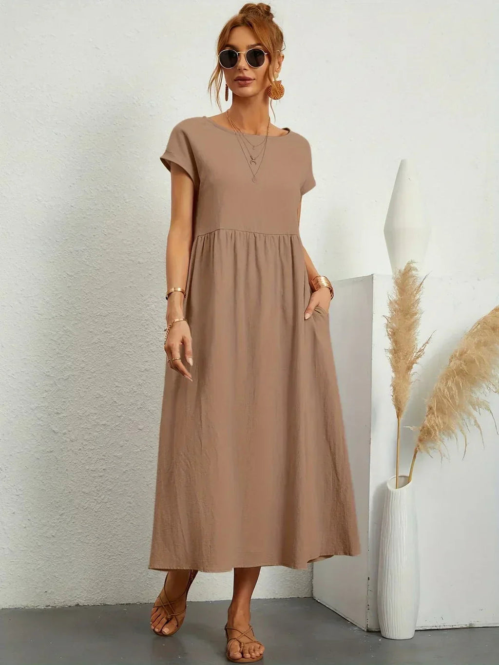 Robe Midi À Coupe Trapèze Avec Manches Courtes Et Poches Pour Femme | Idéal Pour Toutes Les Occasions