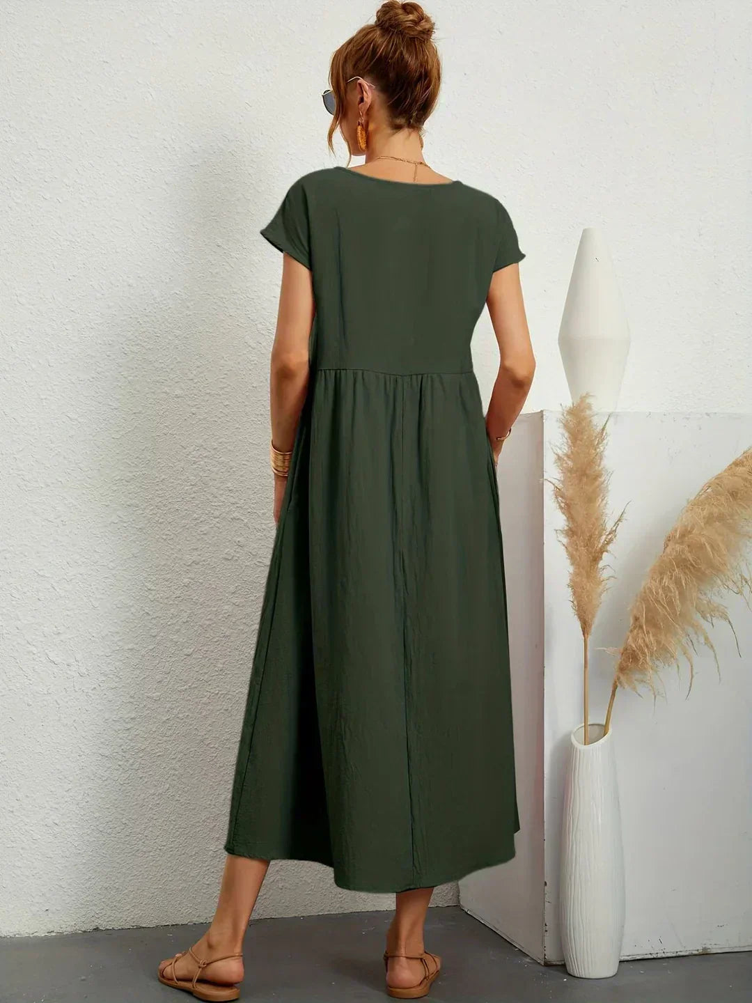 Robe Midi À Coupe Trapèze Avec Manches Courtes Et Poches Pour Femme | Idéal Pour Toutes Les Occasions