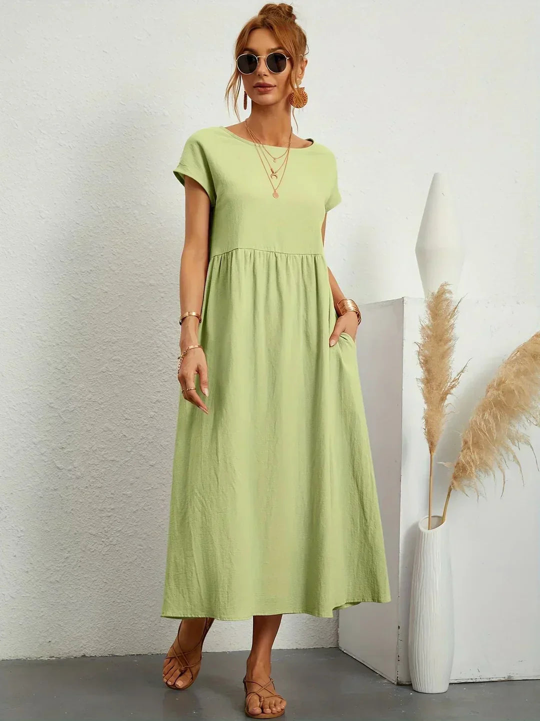 Robe Midi À Coupe Trapèze Avec Manches Courtes Et Poches Pour Femme | Idéal Pour Toutes Les Occasions