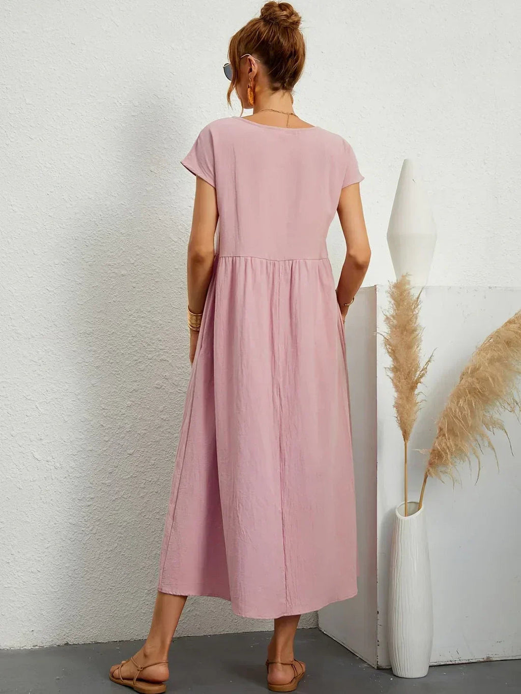 Robe Midi À Coupe Trapèze Avec Manches Courtes Et Poches Pour Femme | Idéal Pour Toutes Les Occasions