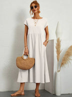 Robe Midi À Coupe Trapèze Avec Manches Courtes Et Poches Pour Femme | Idéal Pour Toutes Les Occasions