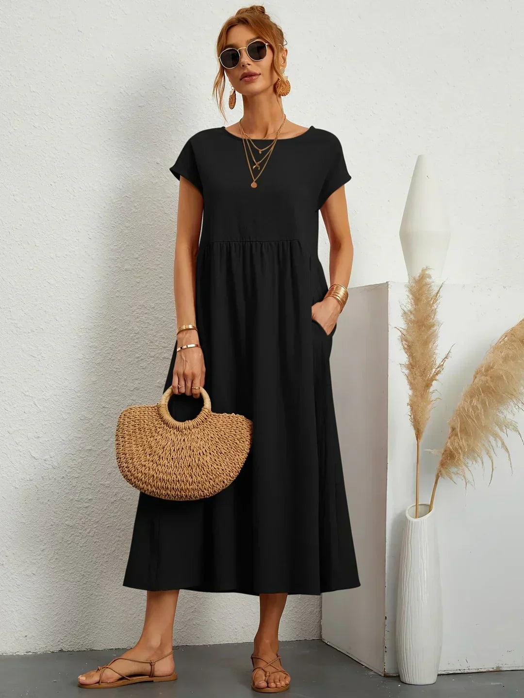 Robe Midi À Coupe Trapèze Avec Manches Courtes Et Poches Pour Femme | Idéal Pour Toutes Les Occasions