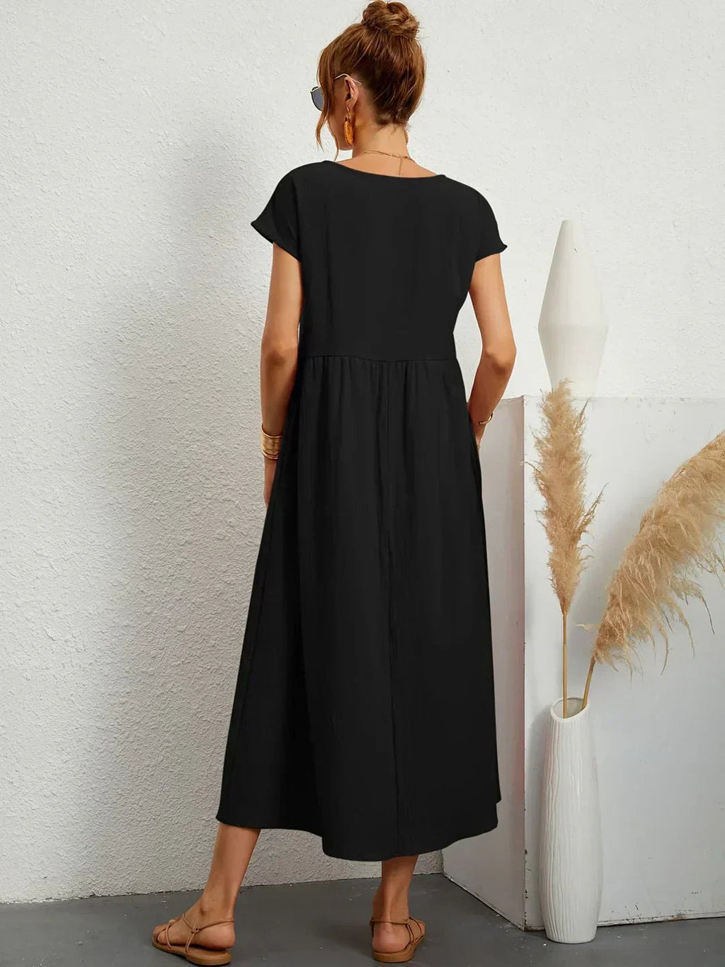 Robe Midi À Coupe Trapèze Avec Manches Courtes Et Poches Pour Femme | Idéal Pour Toutes Les Occasions