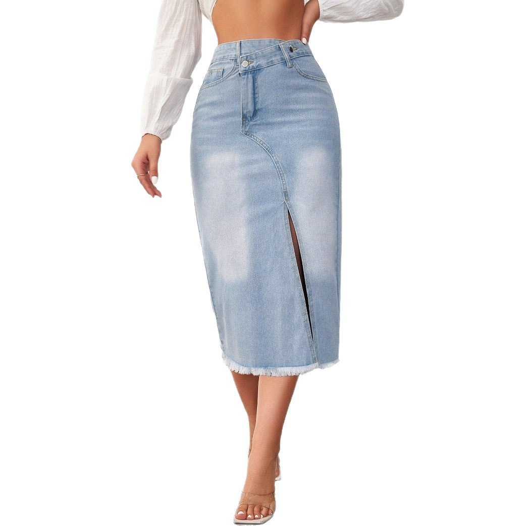 Jupe Midi En Denim Avec Fente Haute Et Ourlet Effiloché Pour Femme | Idéale Pour Le Quotidien Et Les Sorties Planifiées