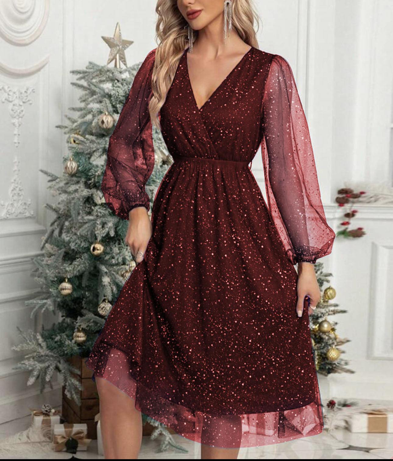 Robe Midi à Paillettes avec Manches Bouffantes Transparentes pour Femme | Idéale pour Soirées et Cérémonies