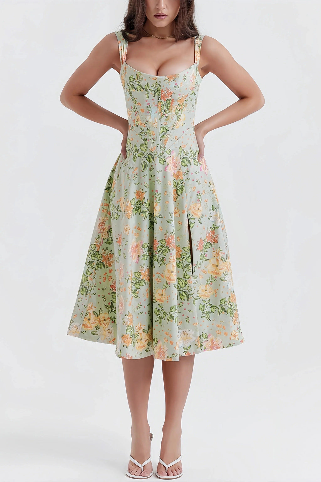 Robe Midi Fendue à Imprimé Floral Vert pour Femme | Idéale pour l’Été ou une Sortie Décontractée
