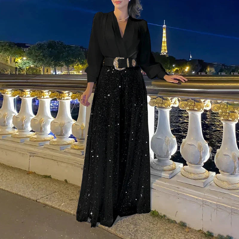 Ensemble avec Haut à Col en V et Pantalon Large pour Femme | Idéal pour la Maison ou les Sorties