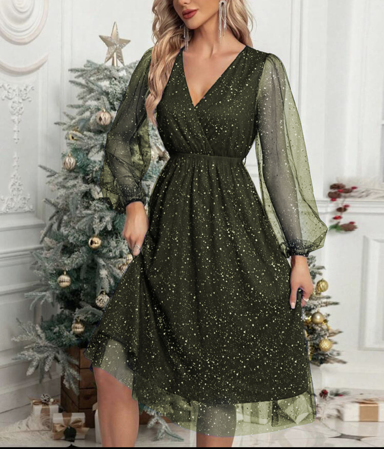 Robe Midi à Paillettes avec Manches Bouffantes Transparentes pour Femme | Idéale pour Soirées et Cérémonies
