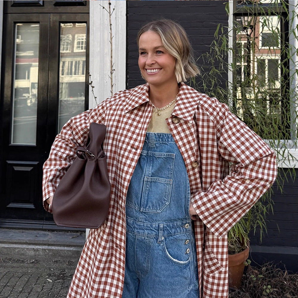 Trench-Coat à Motif Carreaux avec Poches Plaquées pour Femmes | Ideal for Mi-Saison et Usage Quotidien