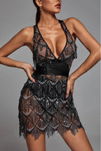Robe Midi à Paillettes et Franges avec Col en V pour Femmes | Idéale pour les Soirées et Événements