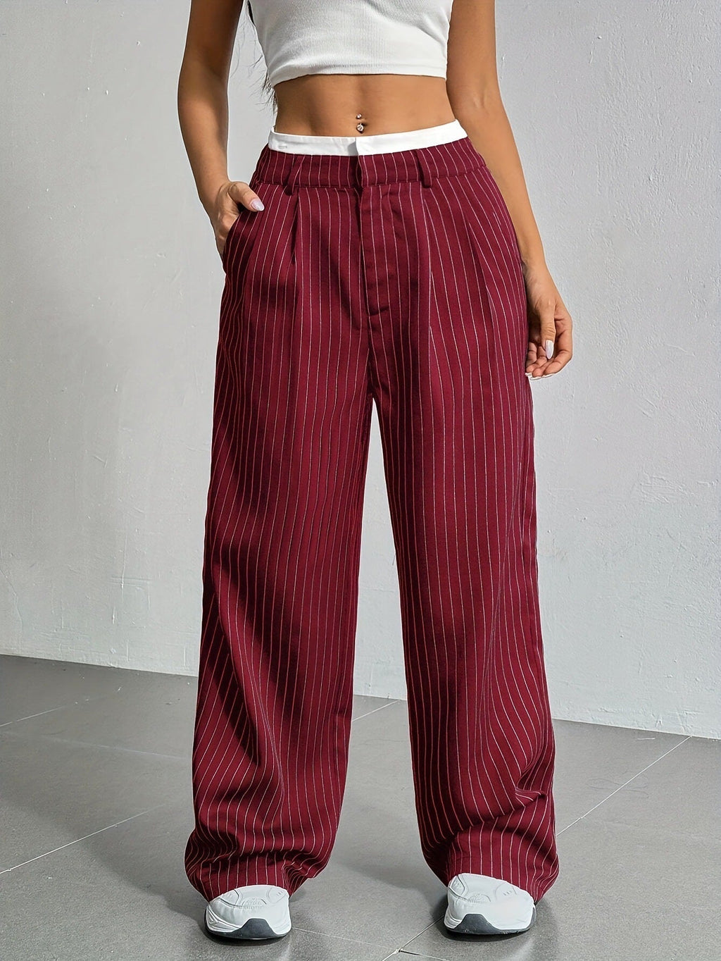 Pantalon Large À Rayures Verticales Avec Taille Élastiquée Pour Femme | Idéal Pour Tenues Quotidiennes